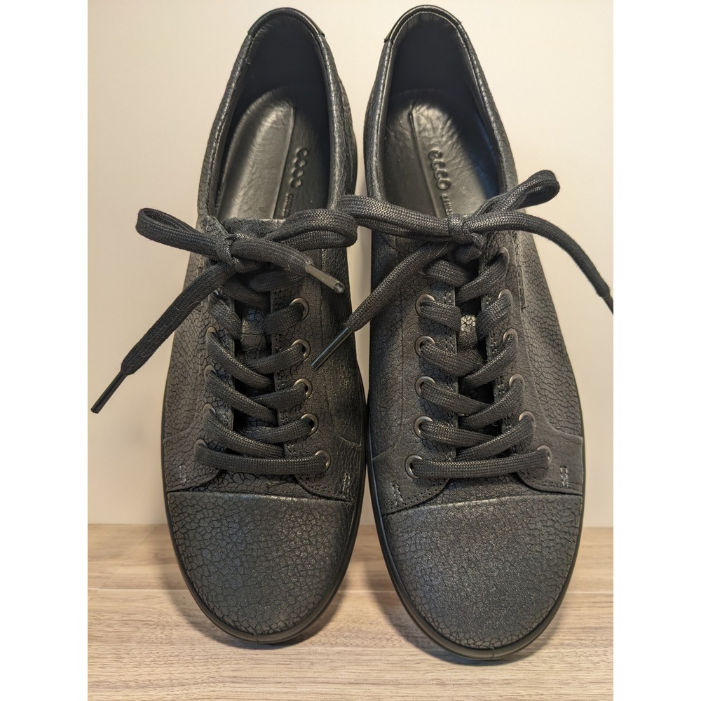 ECCO Soft Womens 10.5-11 EU 42 Black Crackle Leather Sneakers Low Top Shoes‎